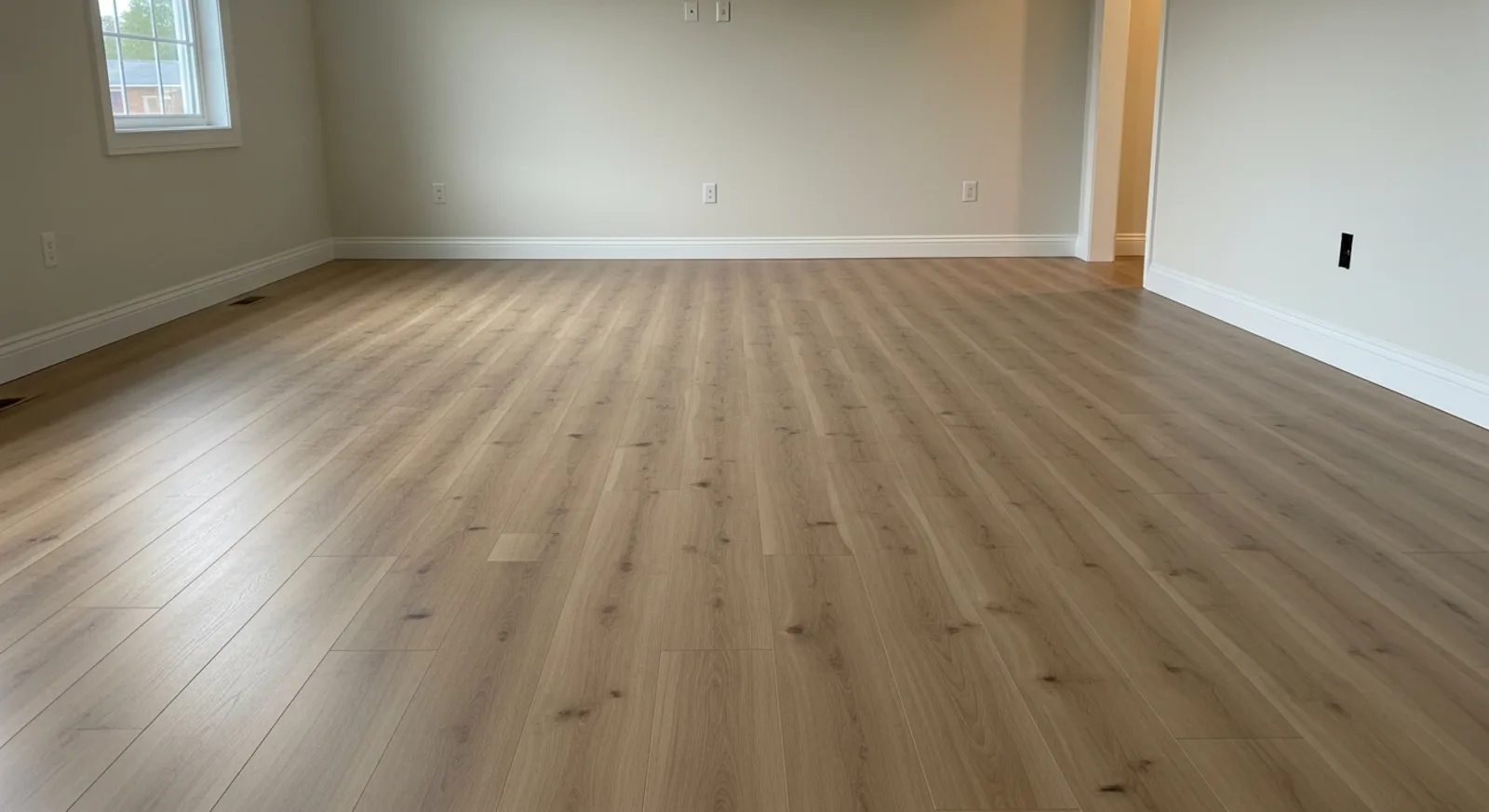 Wide-plank luxury vinyl plank floor in a sunlit modern living room